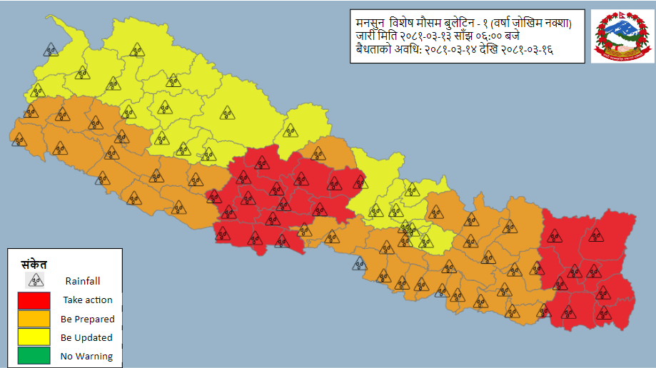 कोशी, बागमती र गण्डकीका प्रदेश एक–दुई स्थानमा अधिक वर्षाको सम्भावना