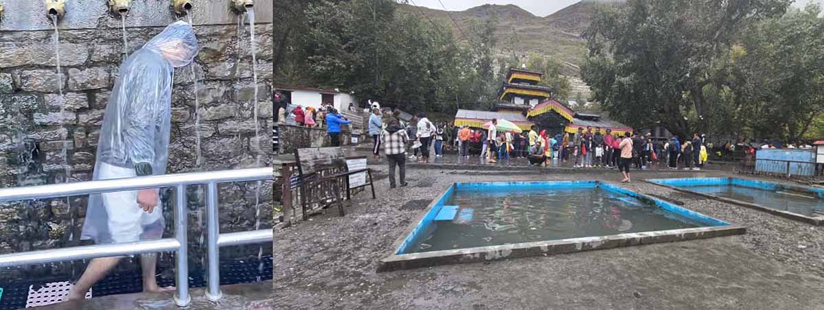 मुक्तिनाथस्थित १०८ धारामा प्लाष्टिक र रेनकोट ओढेर स्नान गर्न नपाइने